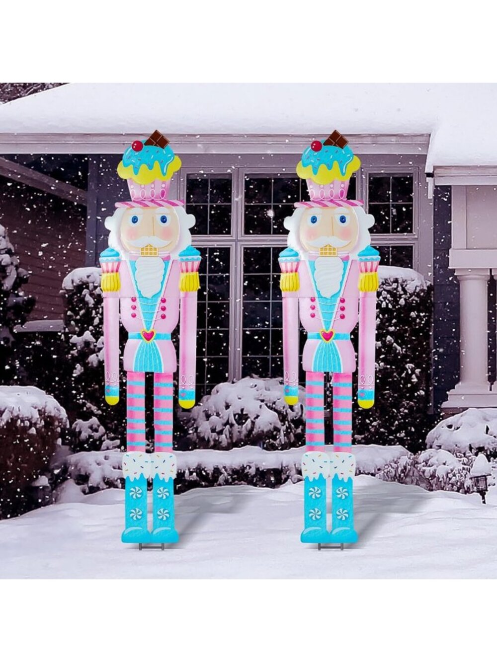 Large Pink Metal Nutcracker Yard Stakes - 6ft Outdoor Christmas Decor, Candy